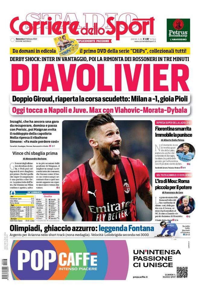 Prima Pagina, Corriere dello Sport: “DiavOlivier, derby shock. L’ira di Mou” - immagine 1