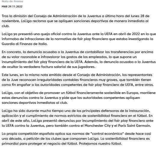 Comunicato Liga: “Denunce contro la Juventus: chiediamo sanzioni sportive immediate”- immagine 3