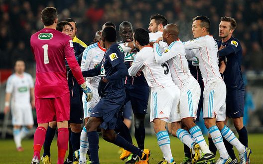 PARIS, FRANCE - FEBRUARY 27: PSG and Marseille players including Nicolas N'Koulou, Alaixys Romao, Jordan Ayew, Andre Pierre Gignac, Andre Ayew, Mamadou Sakho, Maxwell, Nicolas Douchez and David Beckham confront each other during the French Cup match between Paris Saint-Germain FC and Marseille Olympic OM at Parc des Princes on February 27, 2013 in Paris, France. (Photo by Dean Mouhtaropoulos/Getty Images) PARIS, FRANCE - FEBRUARY 27: PSG and Marseille players including Nicolas N'Koulou, Alaixys Romao, Jordan Ayew, Andre Pierre Gignac, Andre Ayew, Mamadou Sakho, Maxwell, Nicolas Douchez and David Beckham confront each other during the French Cup match between Paris Saint-Germain FC and Marseille Olympic OM at Parc des Princes on February 27, 2013 in Paris, France. (Photo by Dean Mouhtaropoulos/Getty Images)