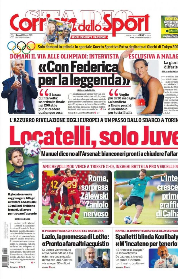 Prima Pagina, Corriere dello Sport: “Locatelli, solo Juve. Dice no all’Arsenal” 