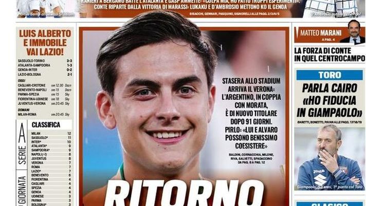 La prima pagina di Tuttosport, in edicola oggi, 25 Ottobre 2020 