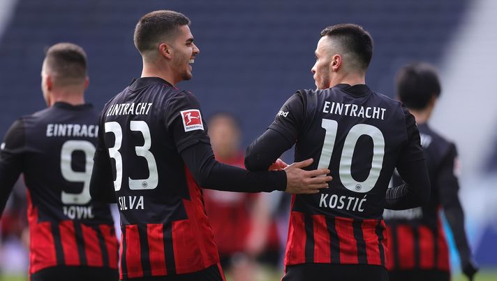 FRANKFURT AM MAIN, GERMANY - MARCH 20: Filip Kostic (R) of Frankfurt celebrates his team's third goal with teammate Andre Silva during the Bundesliga match between Eintracht Frankfurt and 1. FC Union Berlin at Deutsche Bank Park on March 20, 2021 in Frankfurt am Main, Germany. (Photo by Alex Grimm/Getty Images) FRANKFURT AM MAIN, GERMANY - MARCH 20: Filip Kostic (R) of Frankfurt celebrates his team's third goal with teammate Andre Silva during the Bundesliga match between Eintracht Frankfurt and 1. FC Union Berlin at Deutsche Bank Park on March 20, 2021 in Frankfurt am Main, Germany. (Photo by Alex Grimm/Getty Images)