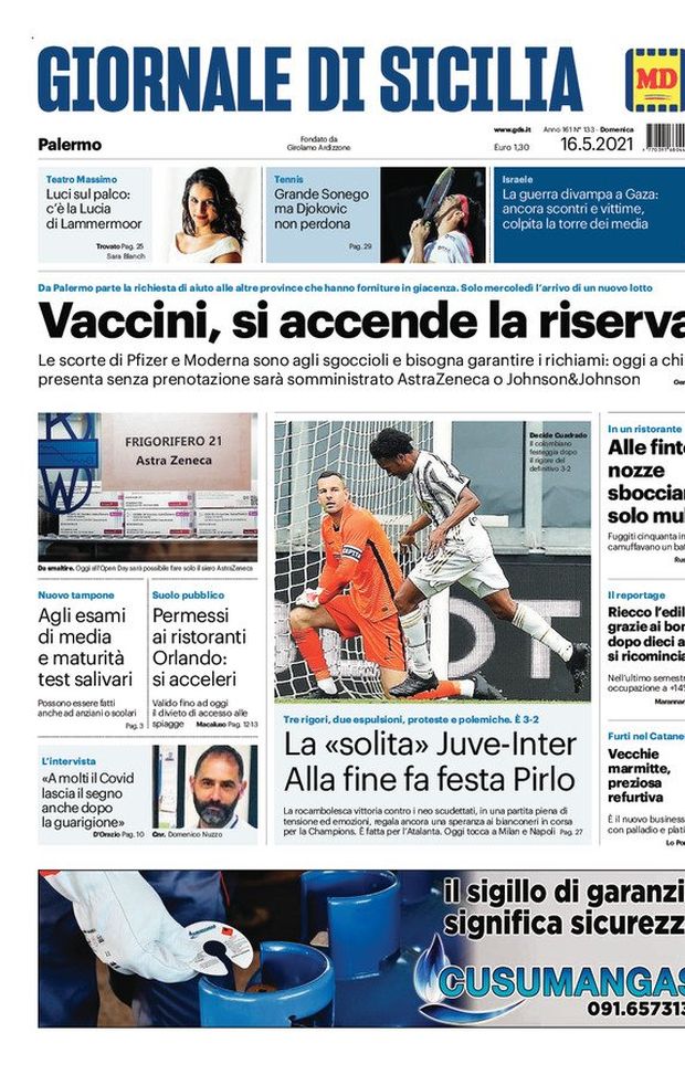 Prima Pagina, Giornale di Sicilia: “Vaccini, si accende la riserva. La ‘solita’ Juve-Inter” 