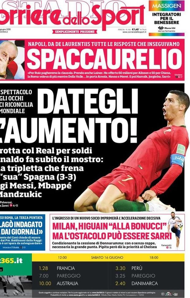 Prima Pagina, Corriere dello Sport: “Dategli l’aumento! SpaccAurelio. Milan, Higuain alla Bonucci…” Prima Pagina, Corriere dello Sport: “Dategli l’aumento! SpaccAurelio. Milan, Higuain alla Bonucci…”