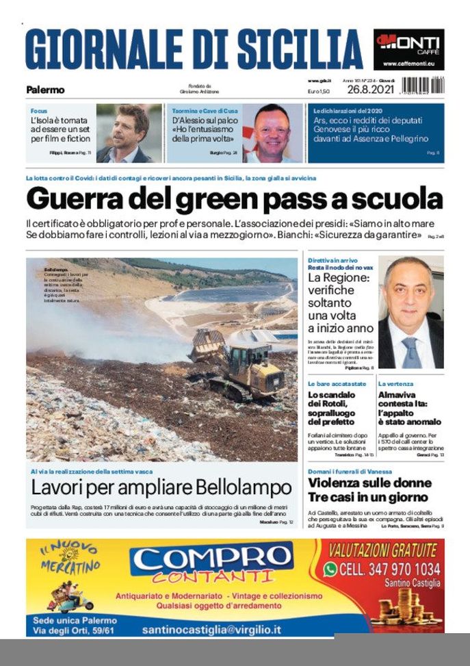 Prima Pagina, Giornale di Sicilia: “Guerra del green pass a scuola” Prima Pagina, Giornale di Sicilia: “Guerra del green pass a scuola”