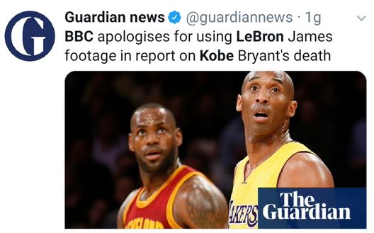 La BBC si scusa, dopo aver mandato in onda un footage di Lebron James, quando in realtà si riferiva a Kobe Bryant... La BBC si scusa, dopo aver mandato in onda un footage di Lebron James, quando in realtà si riferiva a Kobe Bryant...