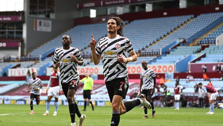 BIRMINGHAM, ENGLAND - MAY 09: Edinson Cavani of Manchester United celebrates after scoring their side's third goal during the Premier League match between Aston Villa and Manchester United at Villa Park on May 09, 2021 in Birmingham, England. Sporting stadiums around the UK remain under strict restrictions due to the Coronavirus Pandemic as Government social distancing laws prohibit fans inside venues resulting in games being played behind closed doors. (Photo by Shaun Botterill/Getty Images) BIRMINGHAM, ENGLAND - MAY 09: Edinson Cavani of Manchester United celebrates after scoring their side's third goal during the Premier League match between Aston Villa and Manchester United at Villa Park on May 09, 2021 in Birmingham, England. Sporting stadiums around the UK remain under strict restrictions due to the Coronavirus Pandemic as Government social distancing laws prohibit fans inside venues resulting in games being played behind closed doors. (Photo by Shaun Botterill/Getty Images)