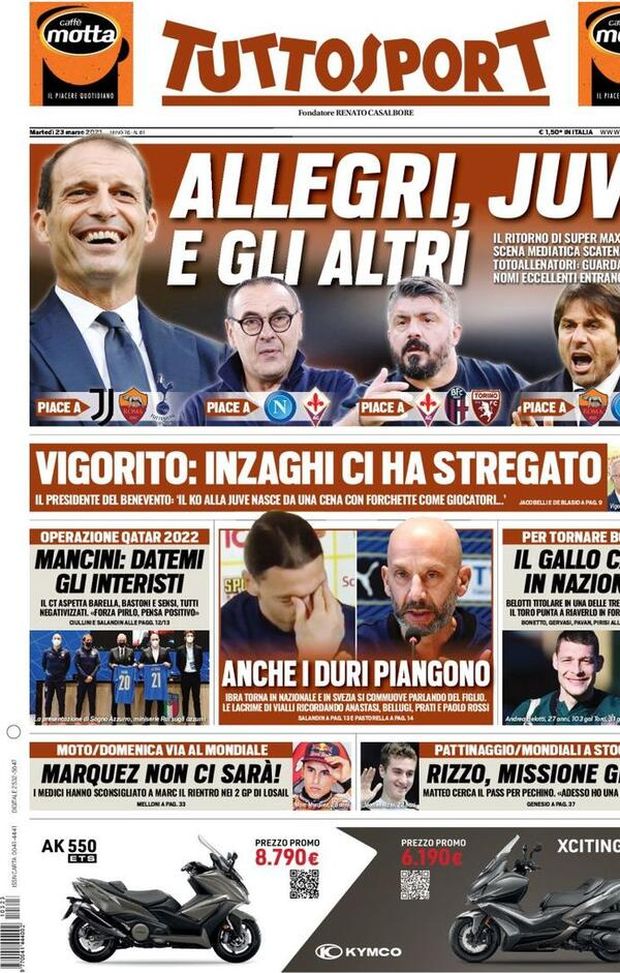  Tuttosport, la prima pagina di oggi, martedì 23 marzo 2021 
