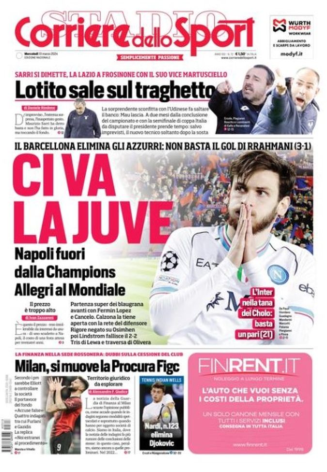 EDICOLA / CdS: Ci va la Juve. Napoli fuori dalla CL, Allegri al Mondiale per Club - immagine 1