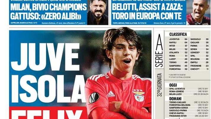 Prima Pagina, Tuttosport: “Juve isola Felix. Milan, bivio Champions. Ziyech riapre alla Roma. Promessa Ramirez”  Prima Pagina, Tuttosport: “Juve isola Felix. Milan, bivio Champions. Ziyech riapre alla Roma. Promessa Ramirez”