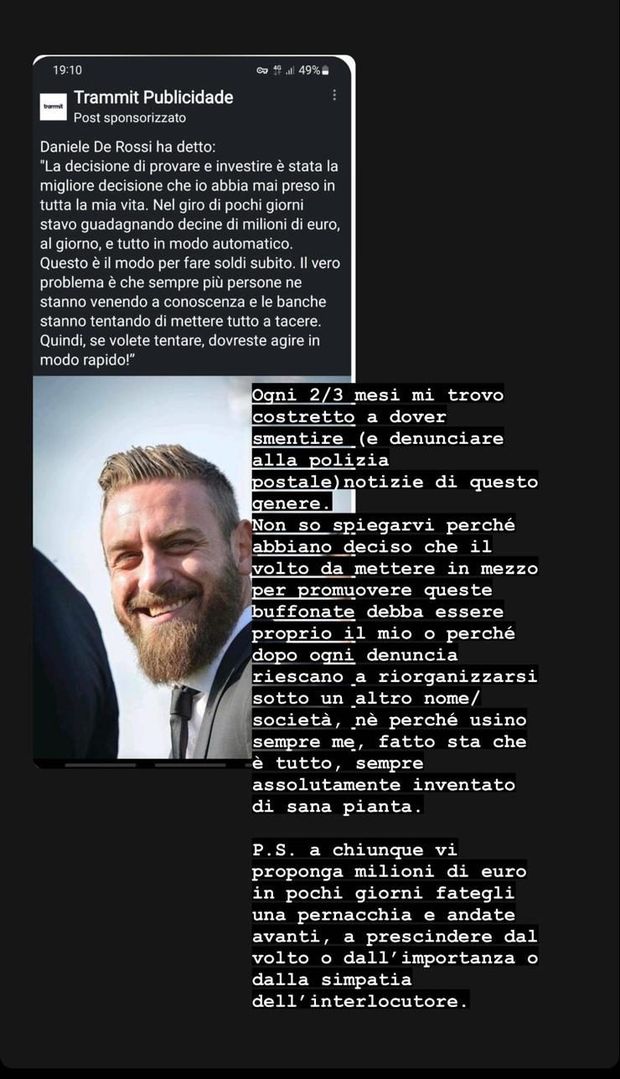 De Rossi investe on line, ma è una fake news. Lui denuncia: “Non promuovo buffonate”- immagine 2