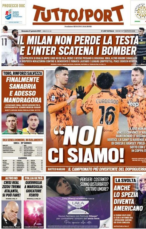 Prima Pagina, Tuttosport: “La capolista rialza la testa, l’Inter scatena i bomber. Svolta in casa Spezia” 