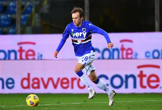  PARMA, ITALY - JANUARY 24: Mikkel Damsgaard of US Sampdoria in action during the Serie A match between Parma Calcio and UC Sampdoria at Stadio Ennio Tardini on January 24, 2021 in Parma, Italy. (Photo by Alessandro Sabattini/Getty Images) 