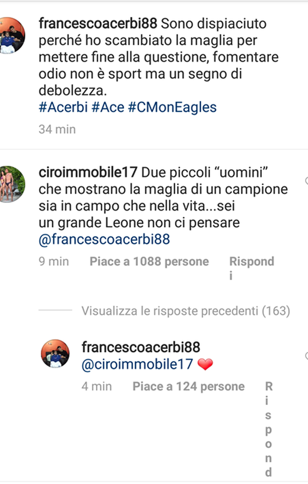 Ciro Immobile risponde ad Acerbi su Instagram 