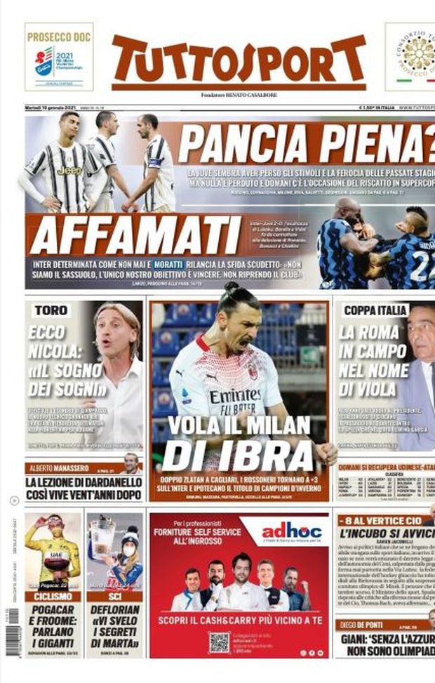 Prima Pagina, Tuttosport: “Vola il Milan di Ibra. Pancia piena? Affamati” 