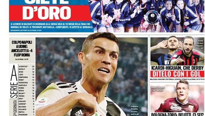 Prima Pagina, Tuttosport: “Ronaldo svegliali tu! Colpo Napoli a Udine. Flop Roma. Icardi-Higuain, che derby…” Prima Pagina, Tuttosport: “Ronaldo svegliali tu! Colpo Napoli a Udine. Flop Roma. Icardi-Higuain, che derby…”