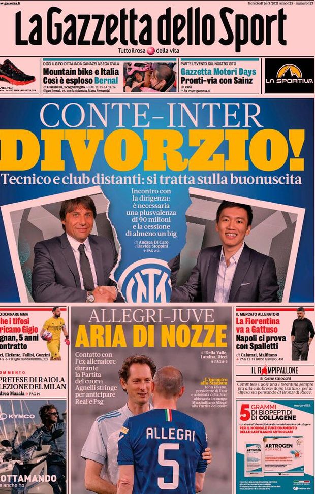 Prima Pagina, La Gazzetta dello Sport: &#8220;Conte-Inter, Divorzio. Allegri-Juve, aria di nozze. La Fiorentina va a Gattuso&#8221; 