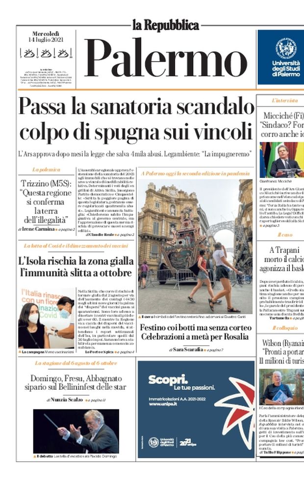 Prima Pagina, La Repubblica-Palermo: “L’Isola rischia la zona gialla”  Prima Pagina, La Repubblica-Palermo: “L’Isola rischia la zona gialla”