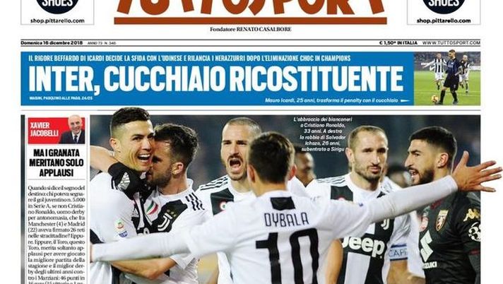 Prima Pagina, Tuttosport: &#8220;CR5000. Inter, cucchiaio ricostituente. Di Francesco si gioca la Roma&#8230;&#8221; 