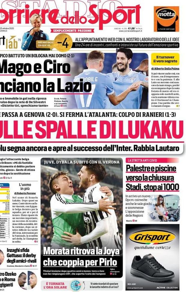 La prima pagina del Corriere dello Sport, in edicola oggi, 25 Ottobre 2020 