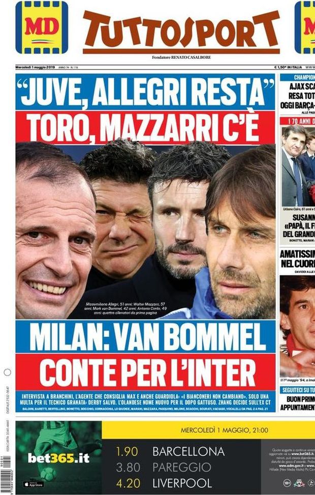 Prima Pagina, Tuttosport: “Allegri resta. Milan: van Bommel. Conte per l’Inter. Ajax scatenato” Prima Pagina, Tuttosport: “Allegri resta. Milan: van Bommel. Conte per l’Inter. Ajax scatenato”