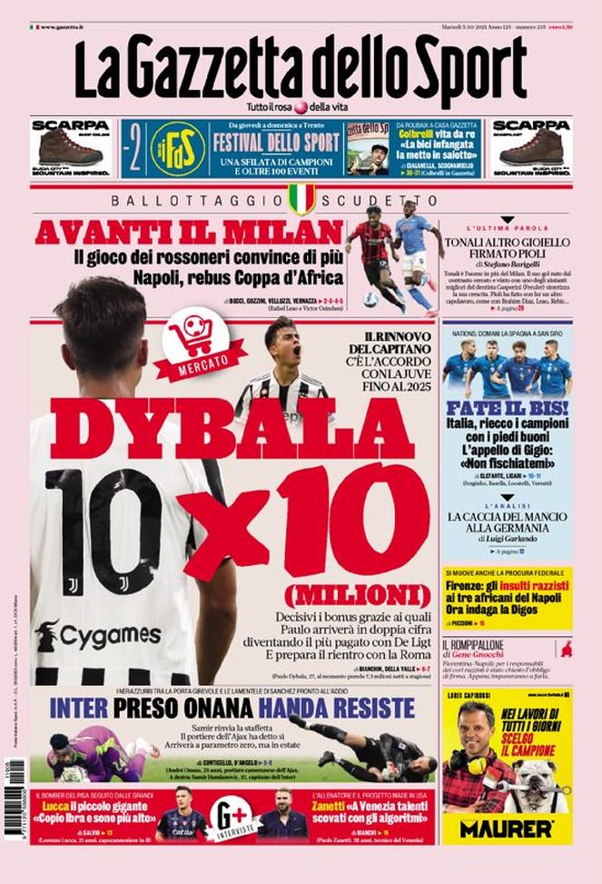 Prima Pagina, La Gazzetta dello Sport: “Dybala X 10. Lucca seguito dalle grandi” - immagine 1