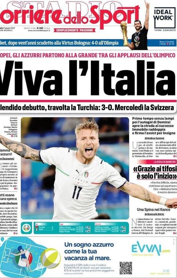 Prima Pagina, Corriere dello Sport: “Viva l’Italia! Travolta la Turchia” 