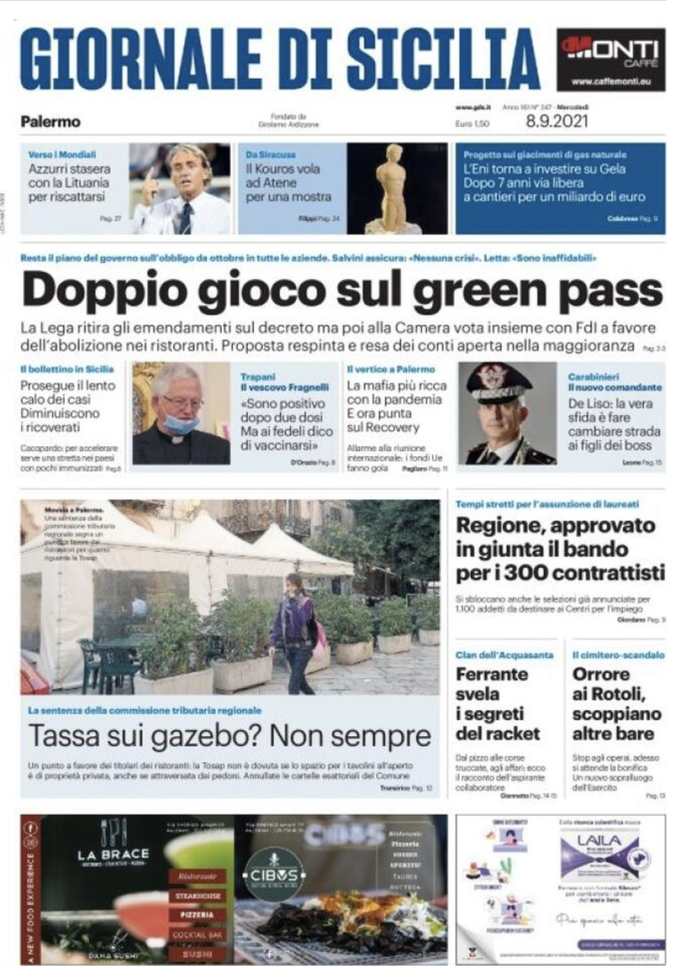 Prima Pagina, Giornale di Sicilia: “Doppio gioco sul green pass” Prima Pagina, Giornale di Sicilia: “Doppio gioco sul green pass”