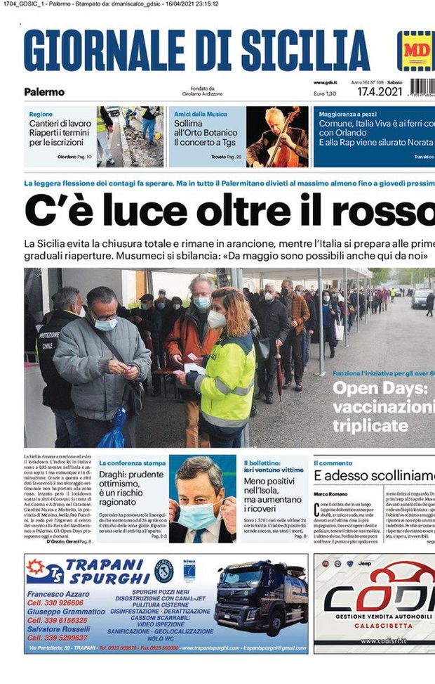 Prima Pagina, Giornale di Sicilia: “C’è luce oltre il rosso. Open days, vaccinazioni triplicati” 