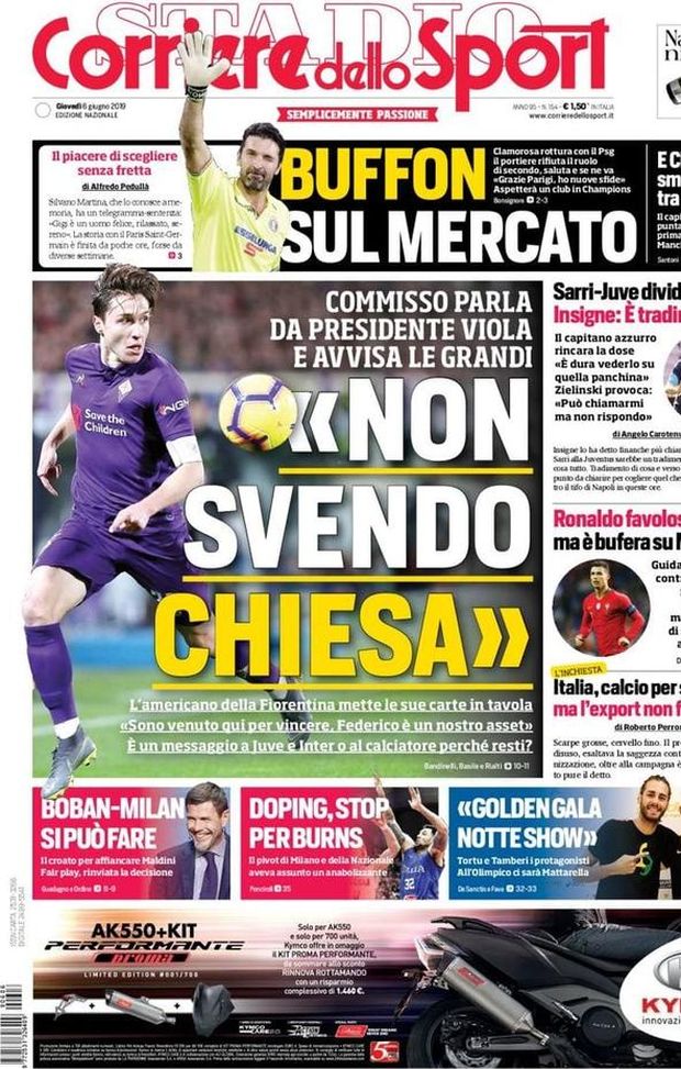 Prima Pagina, Corriere dello Sport: “Non svendo Chiesa. Buffon sul mercato. Boban-Milan si può fare” Prima Pagina, Corriere dello Sport: “Non svendo Chiesa. Buffon sul mercato. Boban-Milan si può fare”