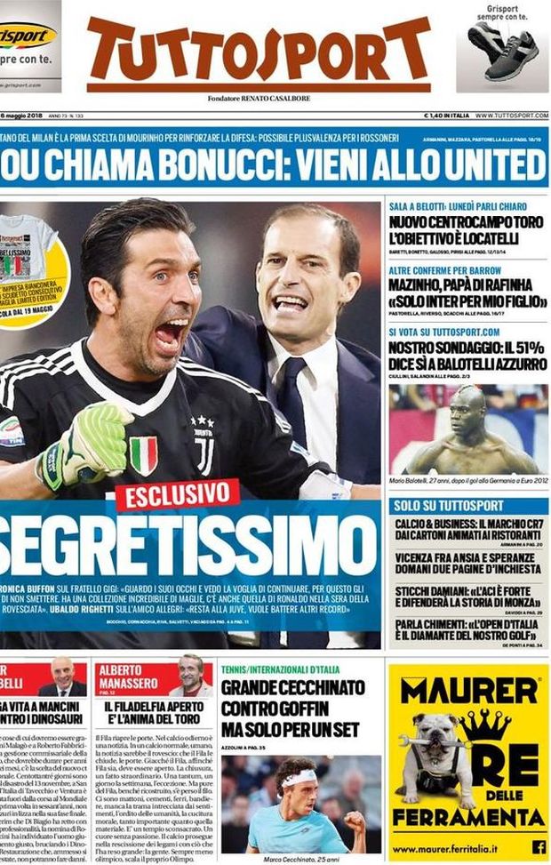 Prima Pagina, Tuttosport: “Mou chiama Bonucci. Solo l’Inter per Rafinha. Segretissimo: Buffon e Allegri…” Prima Pagina, Tuttosport: “Mou chiama Bonucci. Solo l’Inter per Rafinha. Segretissimo: Buffon e Allegri…”