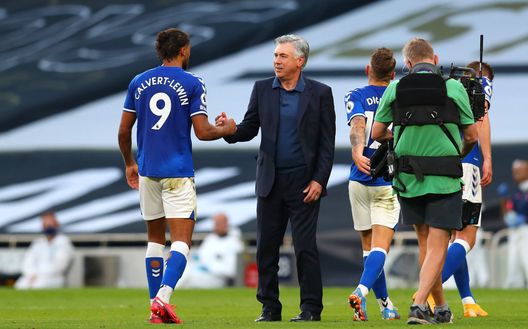 LONDON, ENGLAND - SEPTEMBER 13: Carlo Ancelotti, Manager of Everton celebrates victory with Dominic Calvert-Lewin of Everton after the Premier League match between Tottenham Hotspur and Everton at Tottenham Hotspur Stadium on September 13, 2020 in London, England. (Photo by Catherine Ivill/Getty Images) LONDON, ENGLAND - SEPTEMBER 13: Carlo Ancelotti, Manager of Everton celebrates victory with Dominic Calvert-Lewin of Everton after the Premier League match between Tottenham Hotspur and Everton at Tottenham Hotspur Stadium on September 13, 2020 in London, England. (Photo by Catherine Ivill/Getty Images)