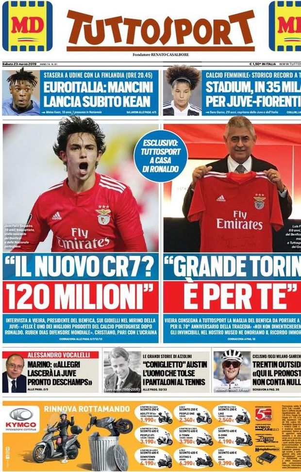 Prima Pagina, Tuttosport: “Il nuovo CR7? 120 milioni. Grande Toro, è per te. Mancini lancia subito Kean” Prima Pagina, Tuttosport: “Il nuovo CR7? 120 milioni. Grande Toro, è per te. Mancini lancia subito Kean”