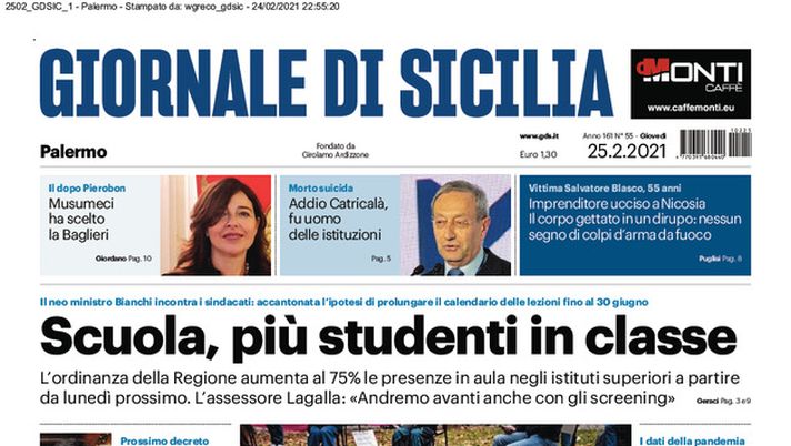 Prima Pagina, Giornale di Sicilia: “Scuola, più studenti in classe. Varianti, scatta l’allarme”  Prima Pagina, Giornale di Sicilia: “Scuola, più studenti in classe. Varianti, scatta l’allarme”
