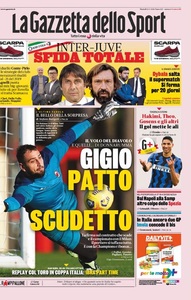 Prima Pagina, La Gazzetta dello Sport: “Gigio, patto scudetto. Inter-Juve sfida totale” 