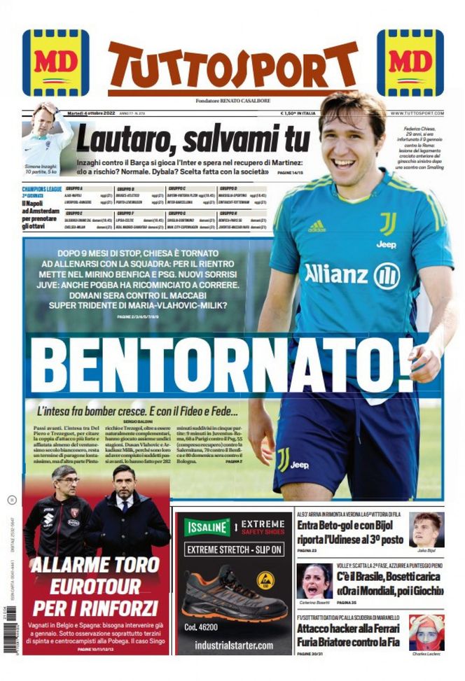Tuttosport, la prima pagina di oggi, martedì 4 ottobre 2022 Tuttosport