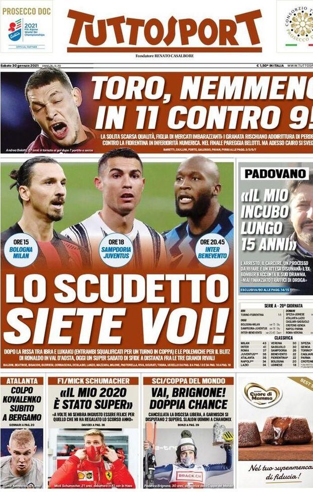  Tuttosport, la prima pagina di oggi, sabato 30 gennaio 2021 