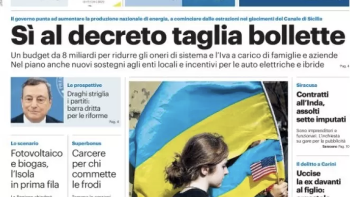 Prima Pagina, Giornale di Sicilia: “Si al decreto taglia bollette”  prima pagina