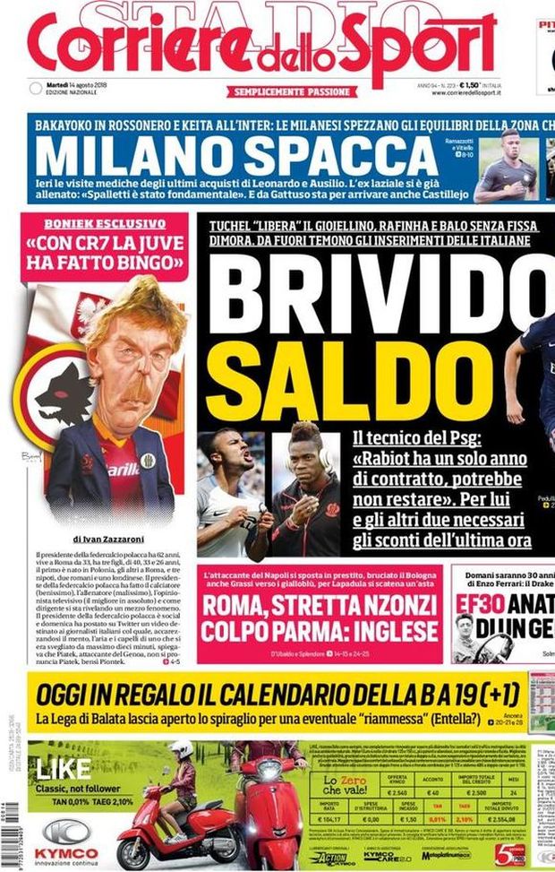 Prima Pagina, Corriere dello Sport: “Brivido saldo. Milano spacca. Roma, stretta N’Zonzi. Colpo Parma: Inglese…” Prima Pagina, Corriere dello Sport: “Brivido saldo. Milano spacca. Roma, stretta N’Zonzi. Colpo Parma: Inglese…”