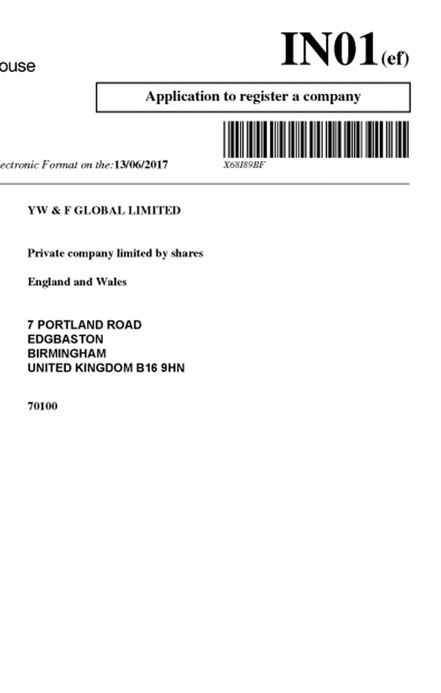  Documento registrazione YW &amp; F Global Limited nel registro delle imprese britanniche 