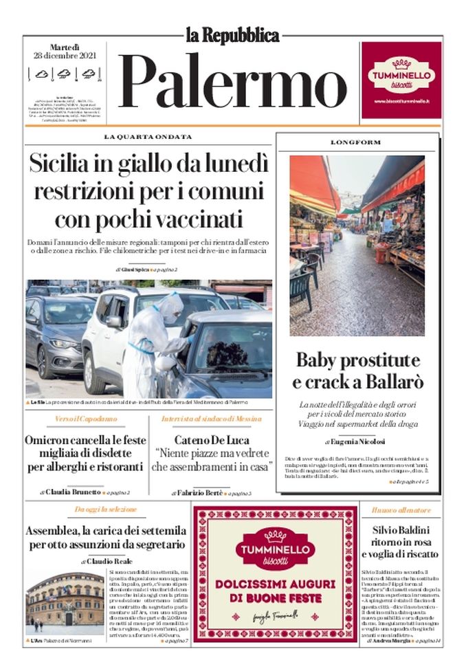 Prima Pagina,La Repubblica-Palermo: “Sicilia in giallo da lunedì. Restrizioni per…”  Prima Pagina