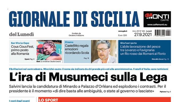 Prima Pagina, Giornale di Sicilia: “L’ira di Musumeci sulla Lega” 