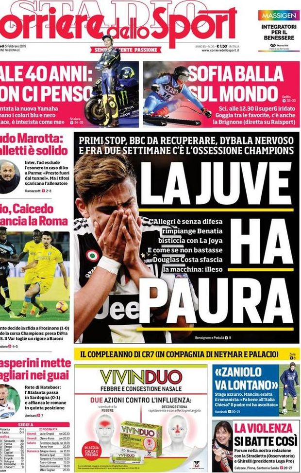 Prima Pagina, Corriere dello Sport: “La Juve ha paura. Scudo Marotta. Caicedo aggancia la Roma…” Prima Pagina, Corriere dello Sport: “La Juve ha paura. Scudo Marotta. Caicedo aggancia la Roma…”