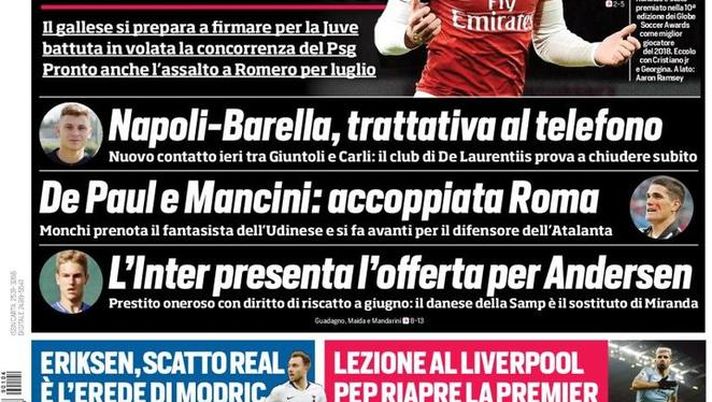 Prima Pagina, Corriere dello Sport: “Supercoppa al veleno. Ramsey sceglie CR7. Eriksen, scatto Real…”  Prima Pagina, Corriere dello Sport: “Supercoppa al veleno. Ramsey sceglie CR7. Eriksen, scatto Real…”