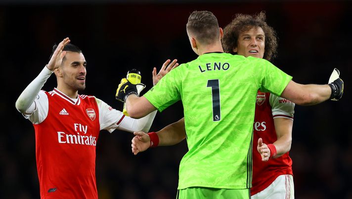 LONDON, ENGLAND - FEBRUARY 23: Dani Ceballos, David Luiz and Bernd Leno of Arsenal celebrate victory during the Premier League match between Arsenal FC and Everton FC at Emirates Stadium on February 23, 2020 in London, United Kingdom. (Photo by Julian Finney/Getty Images) LONDON, ENGLAND - FEBRUARY 23: Dani Ceballos, David Luiz and Bernd Leno of Arsenal celebrate victory during the Premier League match between Arsenal FC and Everton FC at Emirates Stadium on February 23, 2020 in London, United Kingdom. (Photo by Julian Finney/Getty Images)