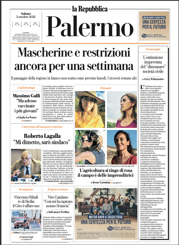 Prima Pagina, La Repubblica Palermo: “Mascherine e restrizioni ancora per una settimana” Prima Pagina, La Repubblica Palermo: “Mascherine e restrizioni ancora per una settimana” - immagine 1