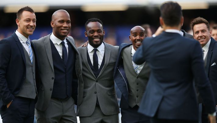 LONDON, ENGLAND - JUNE 16: John Terry, Didier Drogba, Michael Essien, Sir Mo Farah and Danny Jones pose for a photograph prior to the Soccer Aid for UNICEF 2019 match between England and the Soccer Aid World XI at Stamford Bridge on June 16, 2019 in London, England. (Photo by Alex Pantling/Getty Images) LONDON, ENGLAND - JUNE 16: John Terry, Didier Drogba, Michael Essien, Sir Mo Farah and Danny Jones pose for a photograph prior to the Soccer Aid for UNICEF 2019 match between England and the Soccer Aid World XI at Stamford Bridge on June 16, 2019 in London, England. (Photo by Alex Pantling/Getty Images)