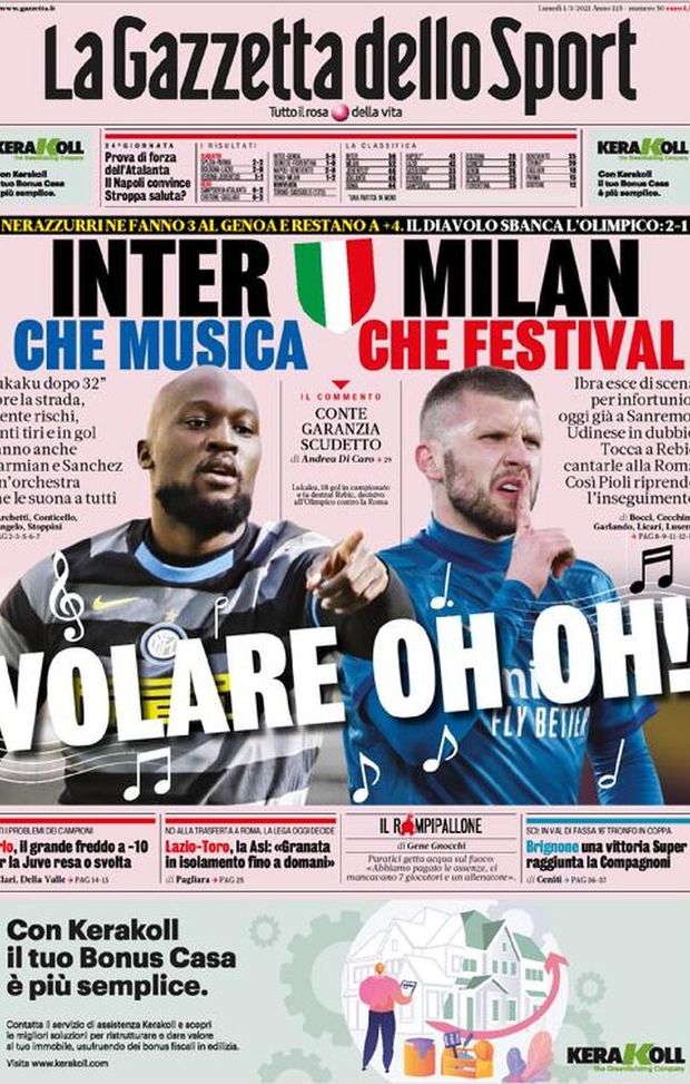 Prima Pagina, La Gazzetta dello Sport: “Volare oh oh! Inter che musica, Milan che Festival” Prima Pagina, La Gazzetta dello Sport: “Volare oh oh! Inter che musica, Milan che Festival”
