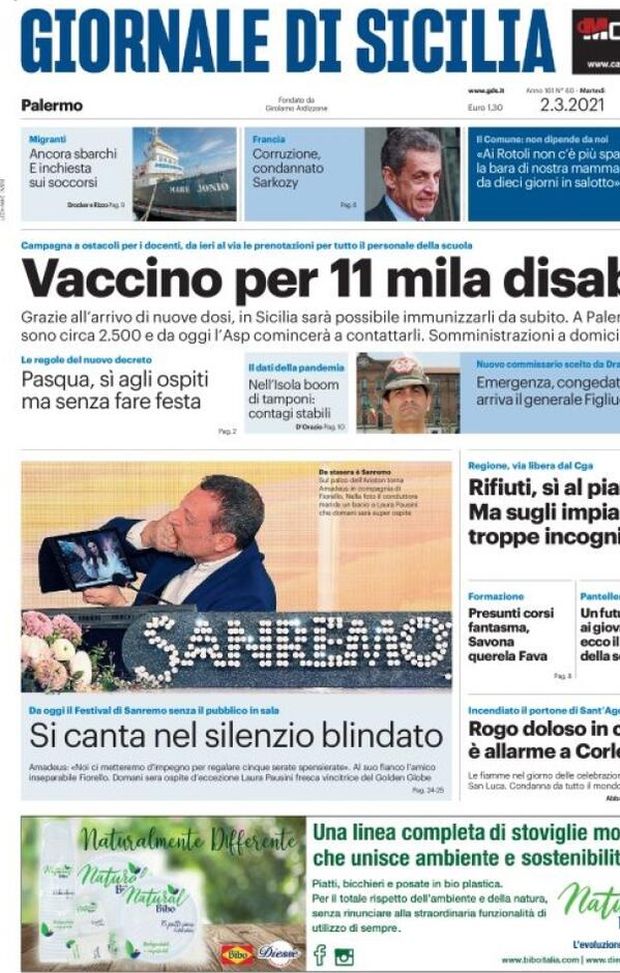 Prima Pagina, Giornale di Sicilia: “Vaccino per 11 mila disabili. Sanremo, si canta nel silenzio blindato” Prima Pagina, Giornale di Sicilia: “Vaccino per 11 mila disabili. Sanremo, si canta nel silenzio blindato”