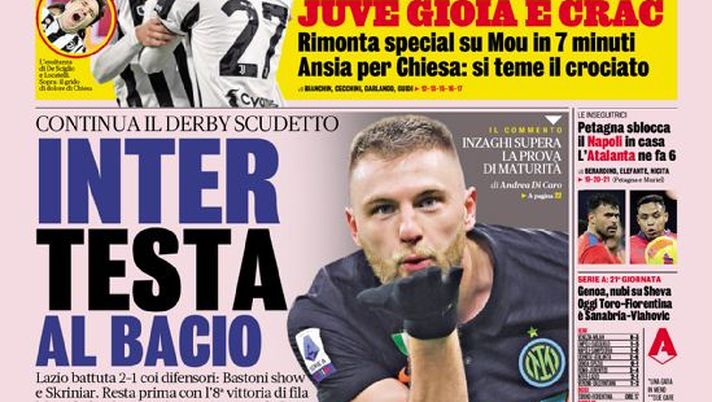 Prima Pagina, La Gazzetta dello Sport: “Inter, testa al bacio. Juve gioia e crac” Prima Pagina, La Gazzetta dello Sport: “Inter, testa al bacio. Juve gioia e crac” - immagine 1